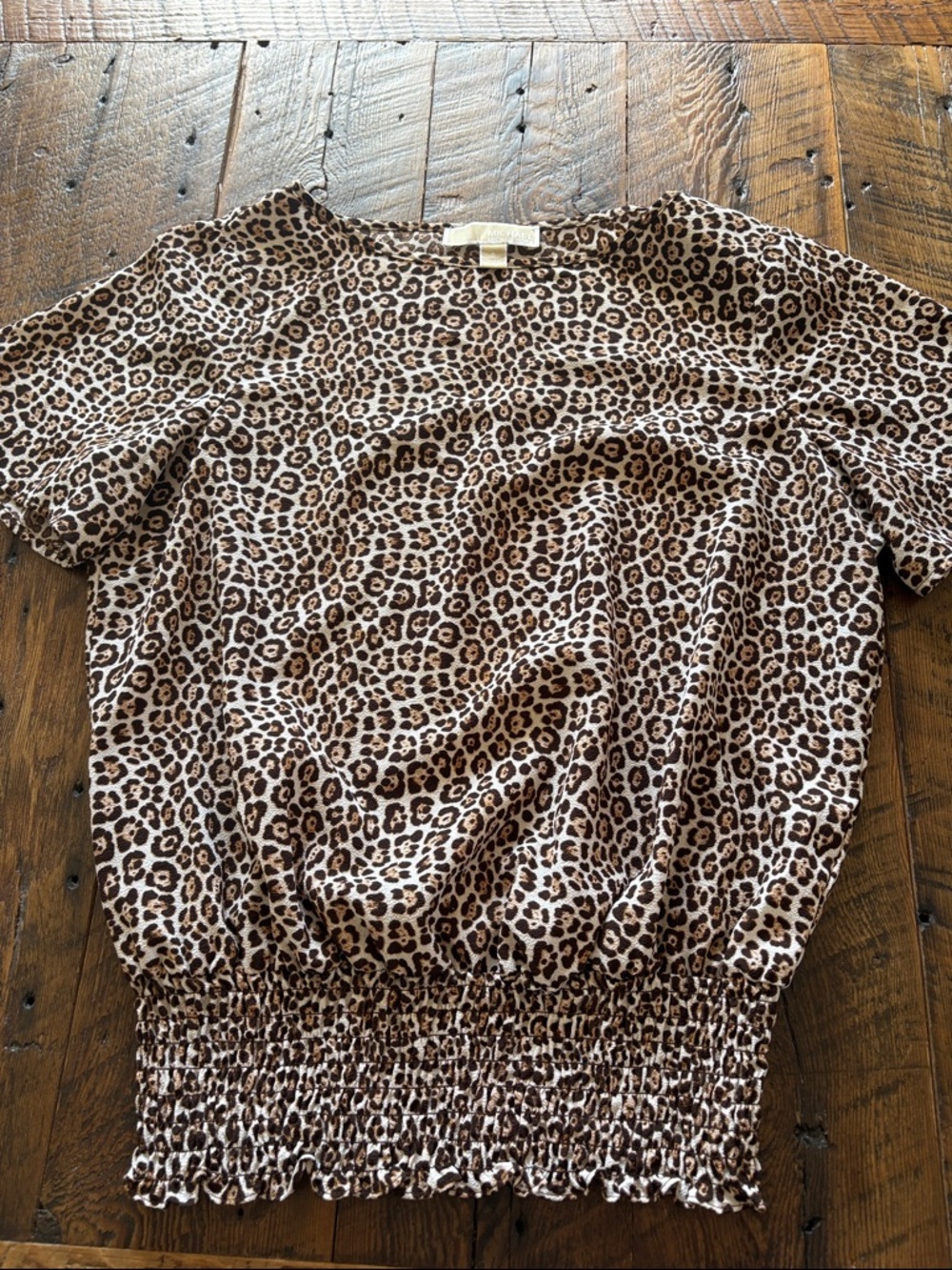 Michael Kors Leopard Print Short Sleeve Smocked Hem Top - Brown/Beige